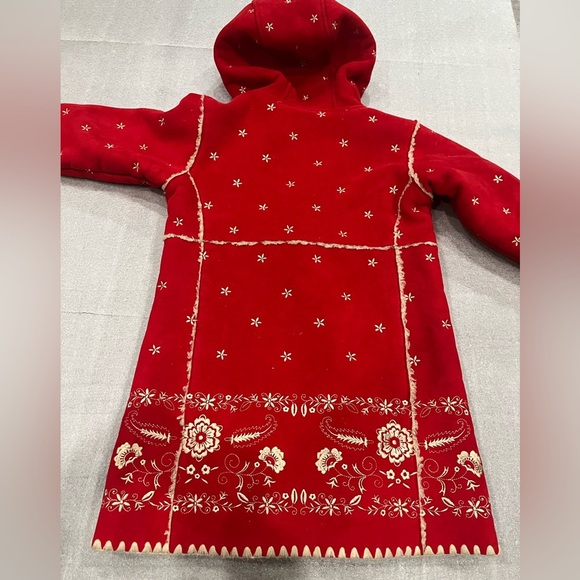 [Toddler 5Y]GAP Kids Hooded Coat Red Faux Suede Nordic Embroidered Shearling - Picture 6 of 11